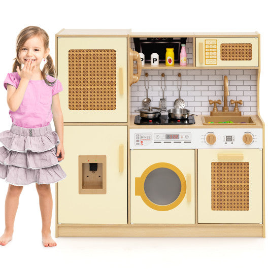 Kids Wooden Kitchen Playset with Realistic Lights and Sounds-Yellow