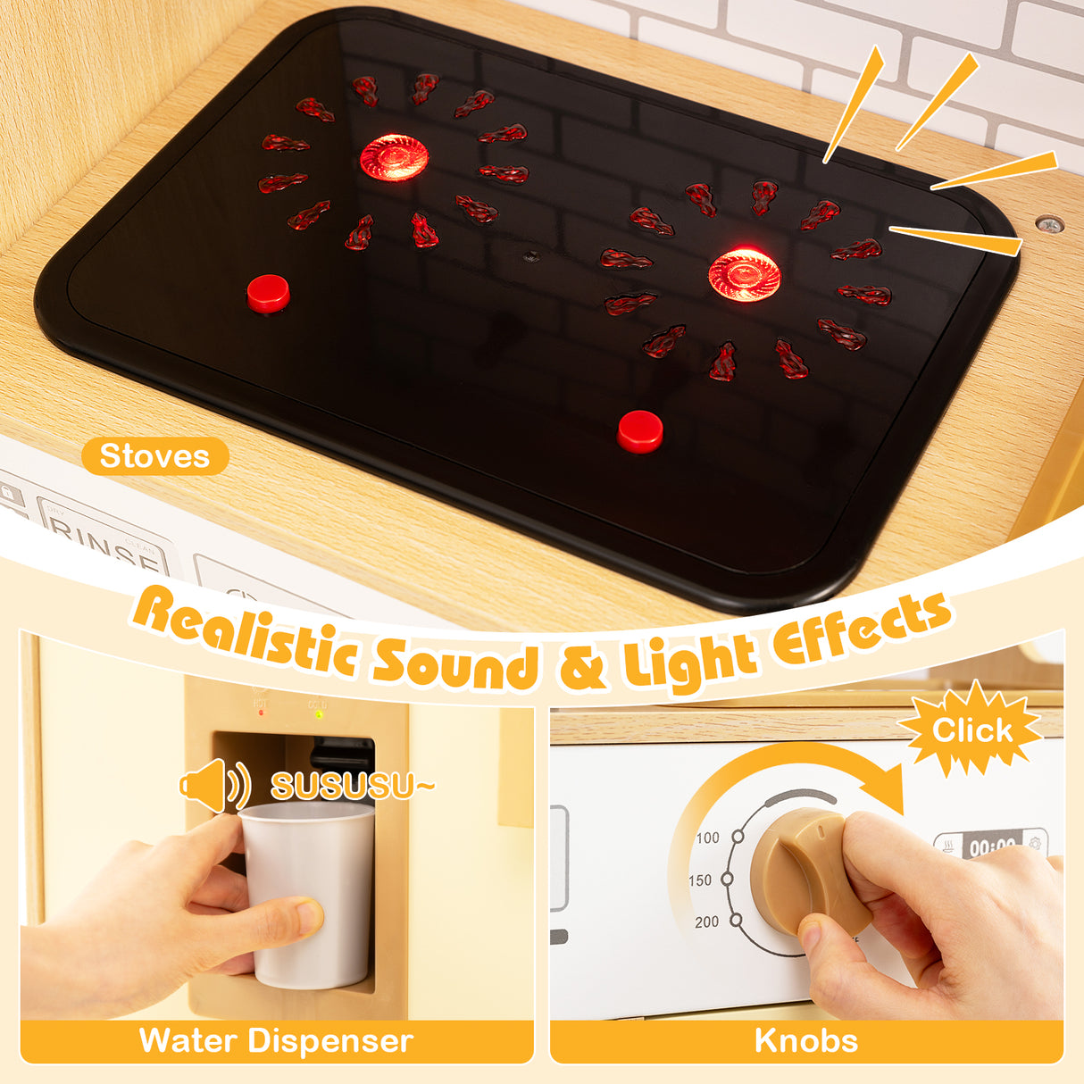 Kids Wooden Kitchen Playset with Realistic Lights and Sounds-Yellow