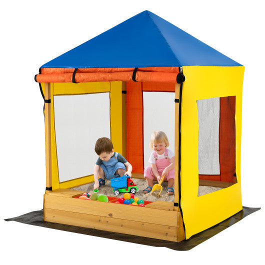 Kids Wooden Sandbox with Canopy Large Sand Pit with Mesh Windows and Bottom Liner-Multicolor