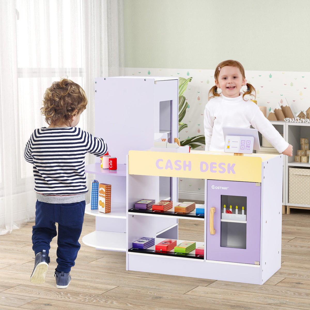 Kids Wooden Supermarket Play Toy Set with Checkout Counter-Purple