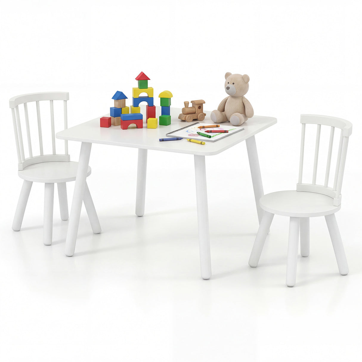 Kids Wooden Table and Chairs Set 3-Piece Toddler Furniture with Pine Wood Frame-White