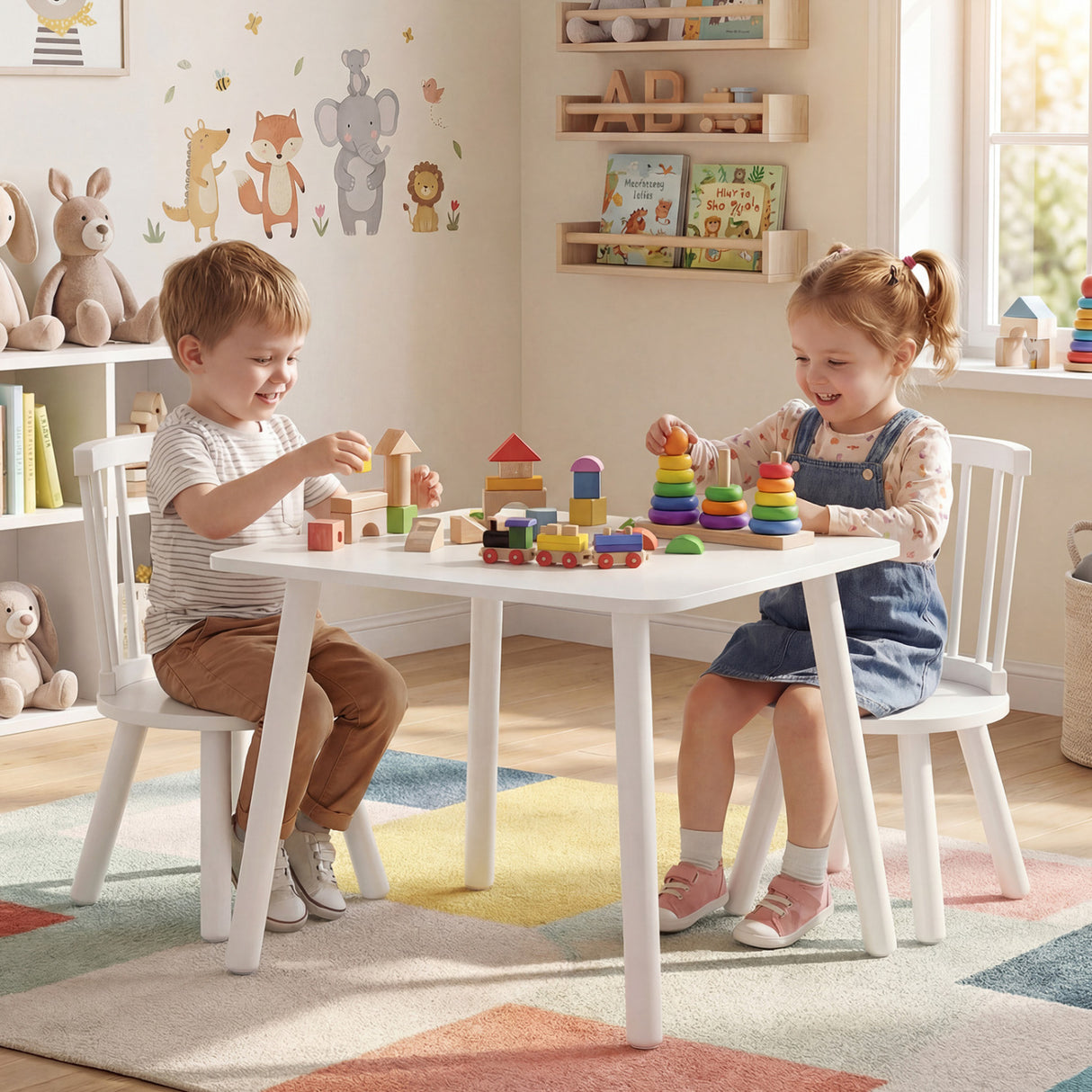 Kids Wooden Table and Chairs Set 3-Piece Toddler Furniture with Pine Wood Frame-White