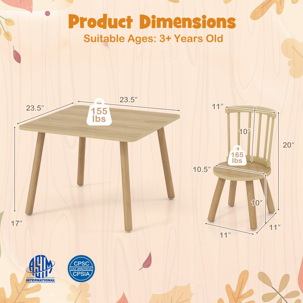 Kids Wooden Table and Chairs Set 3-Piece Toddler Furniture with Pine Wood Frame-Natural