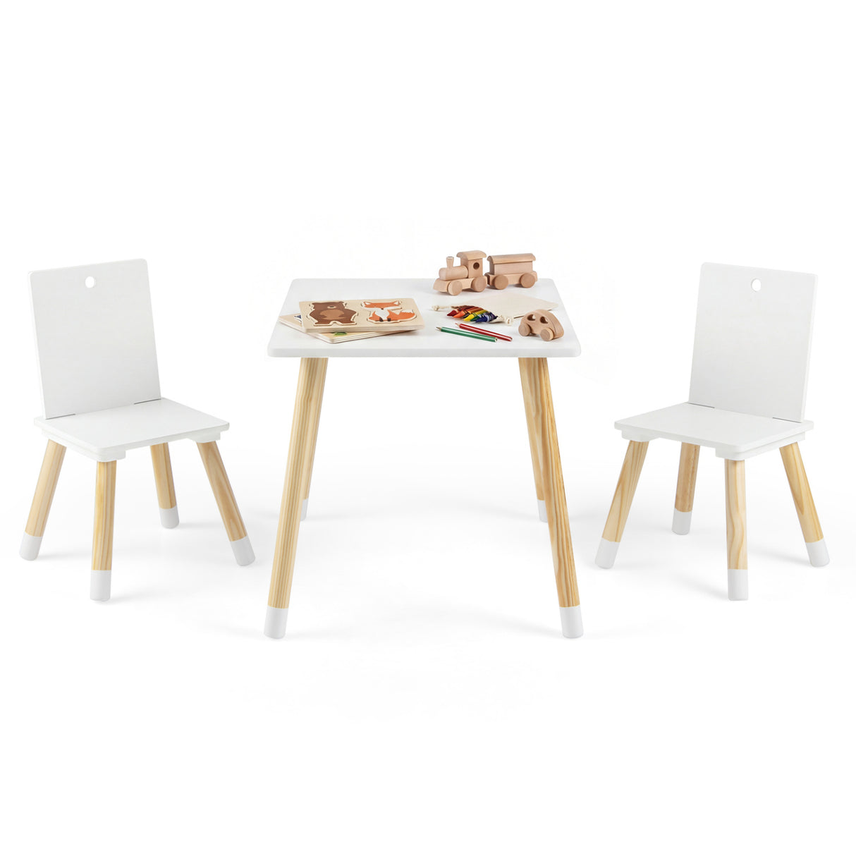 Kids Wooden Table and 2 Chairs Set-White