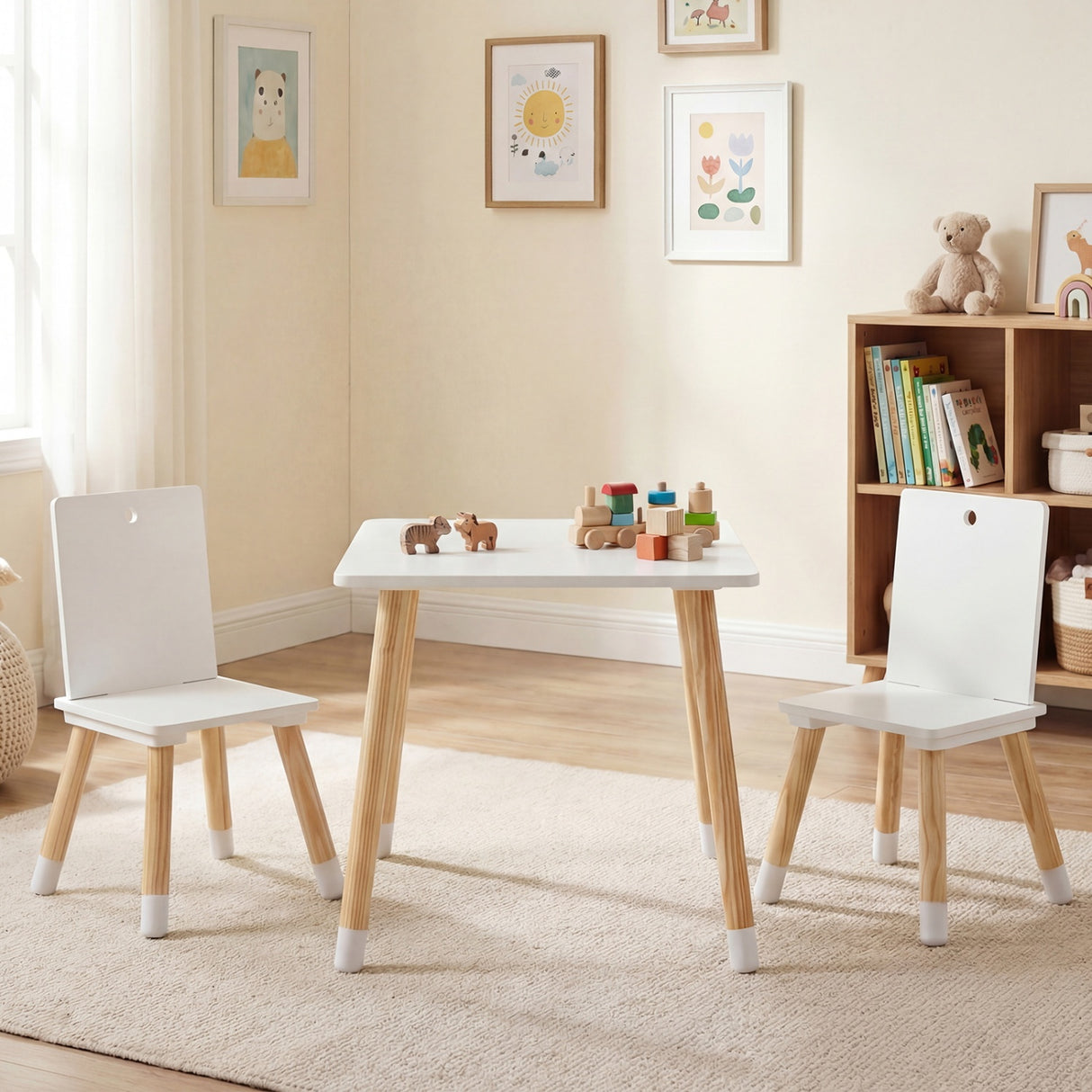 Kids Wooden Table and 2 Chairs Set-White
