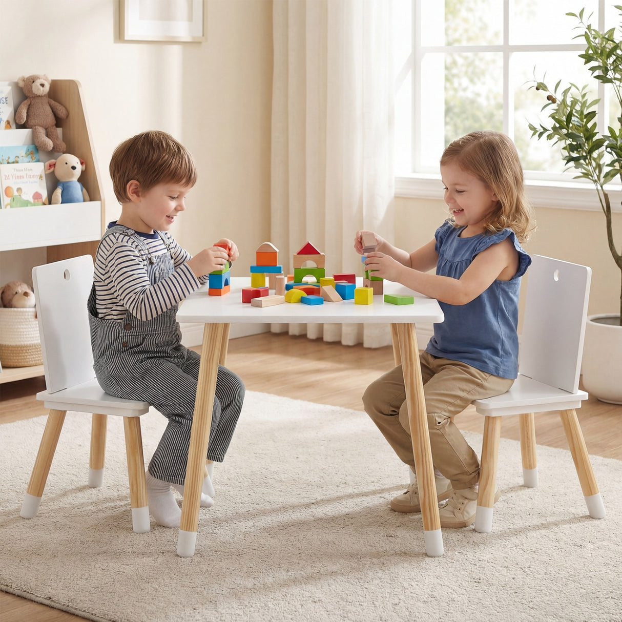 Kids Wooden Table and 2 Chairs Set-White