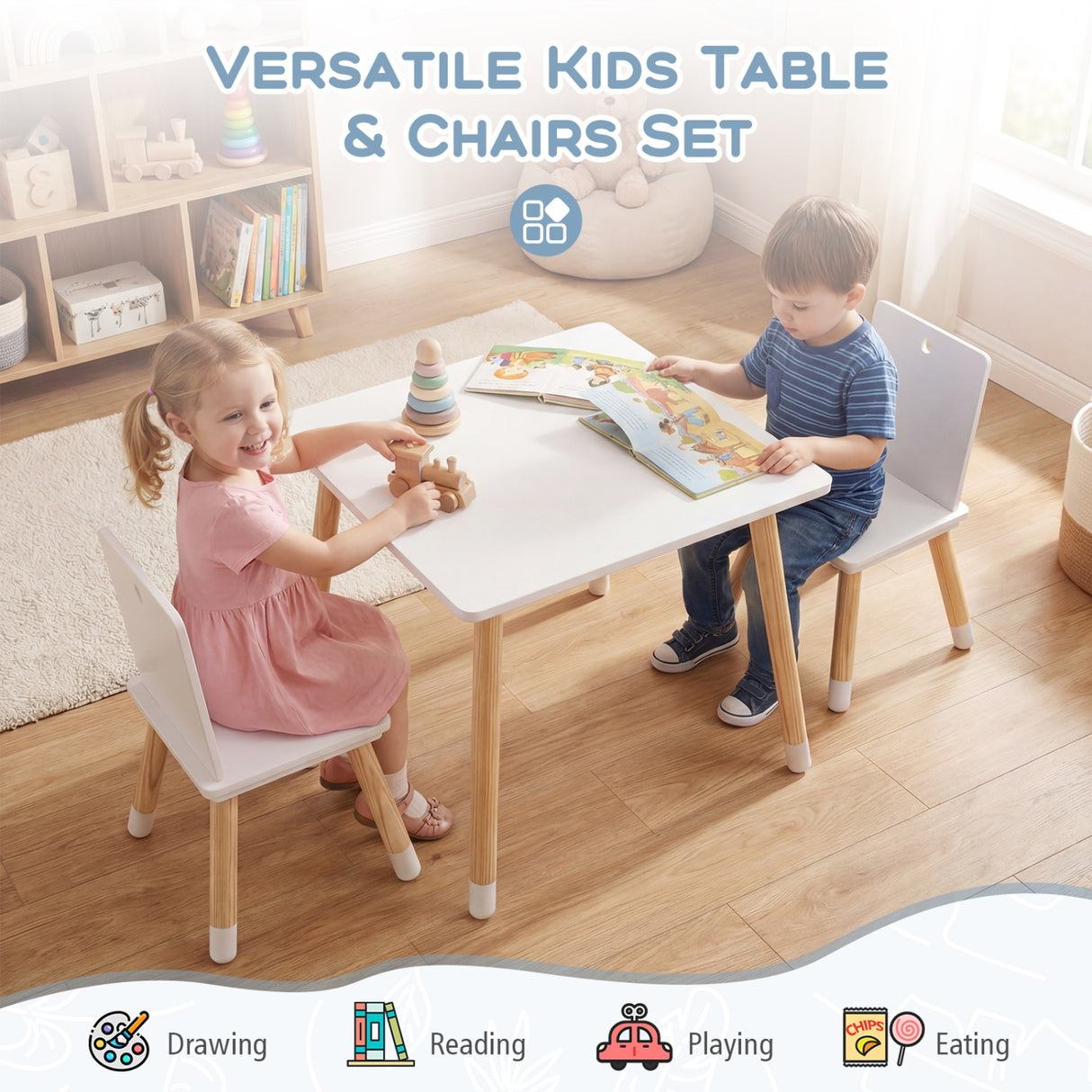 Kids Wooden Table and 2 Chairs Set-White