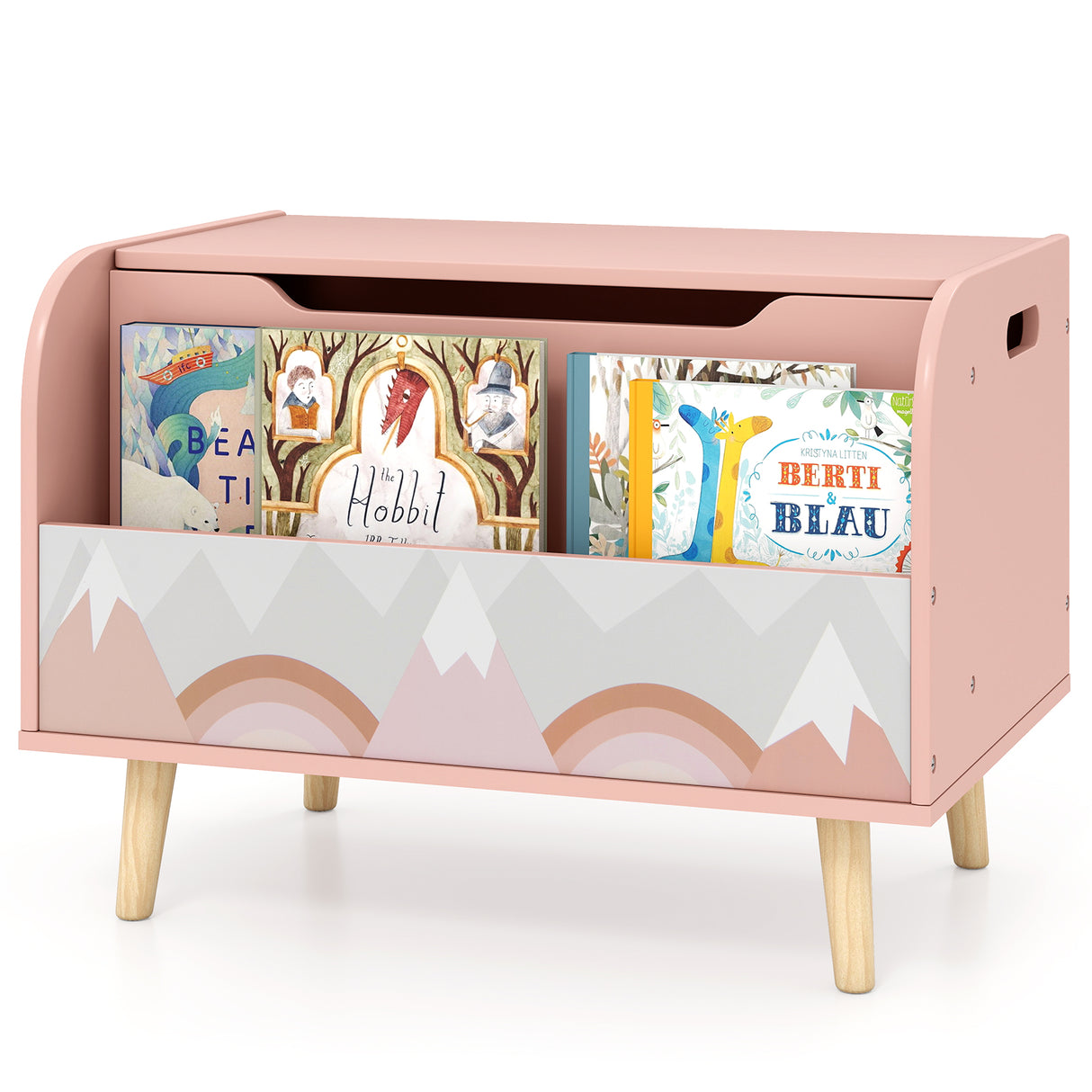 Kids Wooden Toy Box with Front Bookshelf and 4 Solid Wood Legs for Playroom-Pink