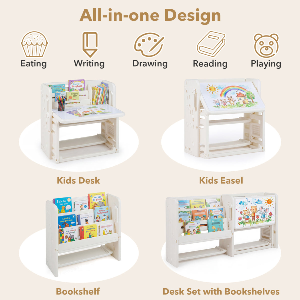 Kids Writing Desk and Chair Set with Side Bookshelves-White