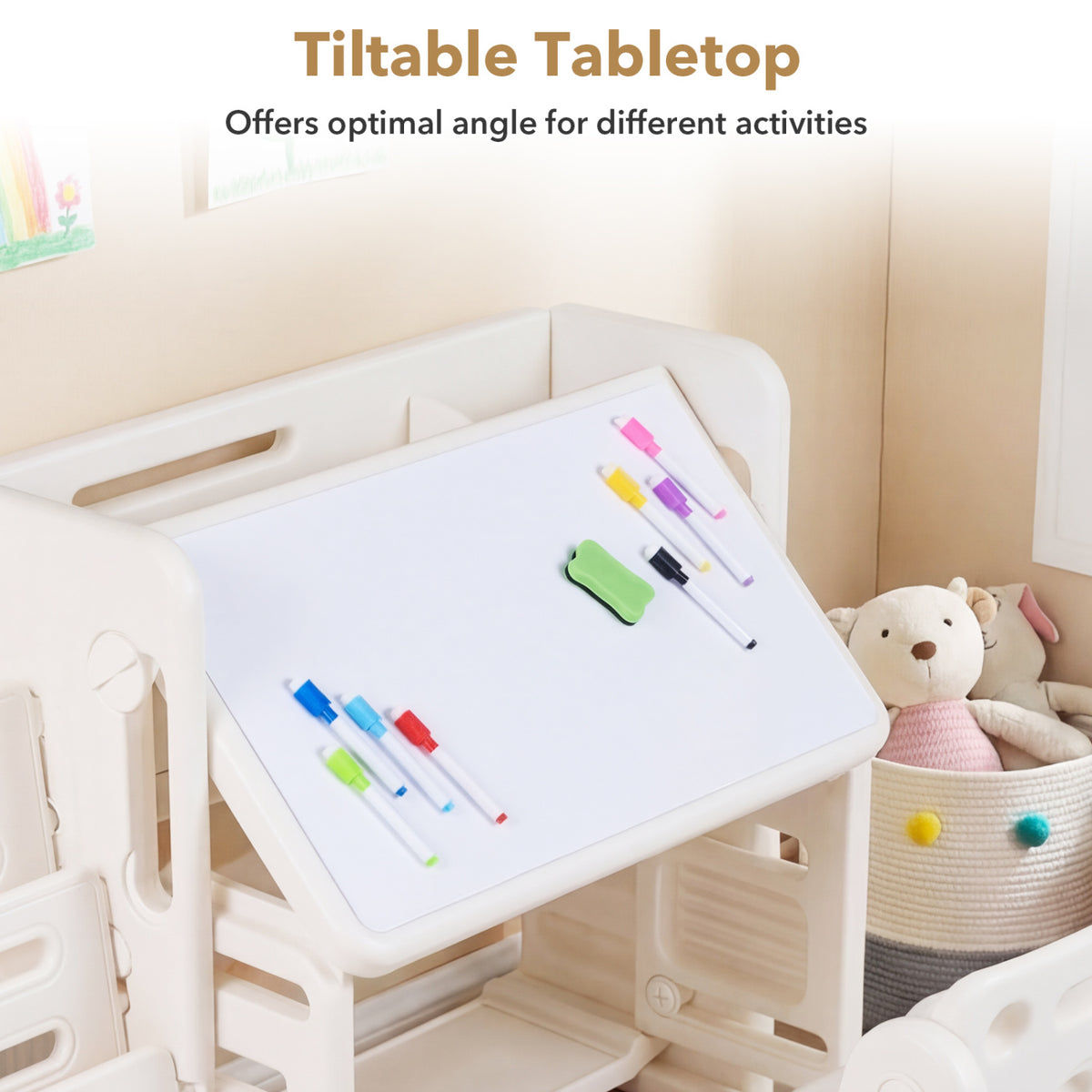 Kids Writing Desk and Chair Set with Side Bookshelves-White