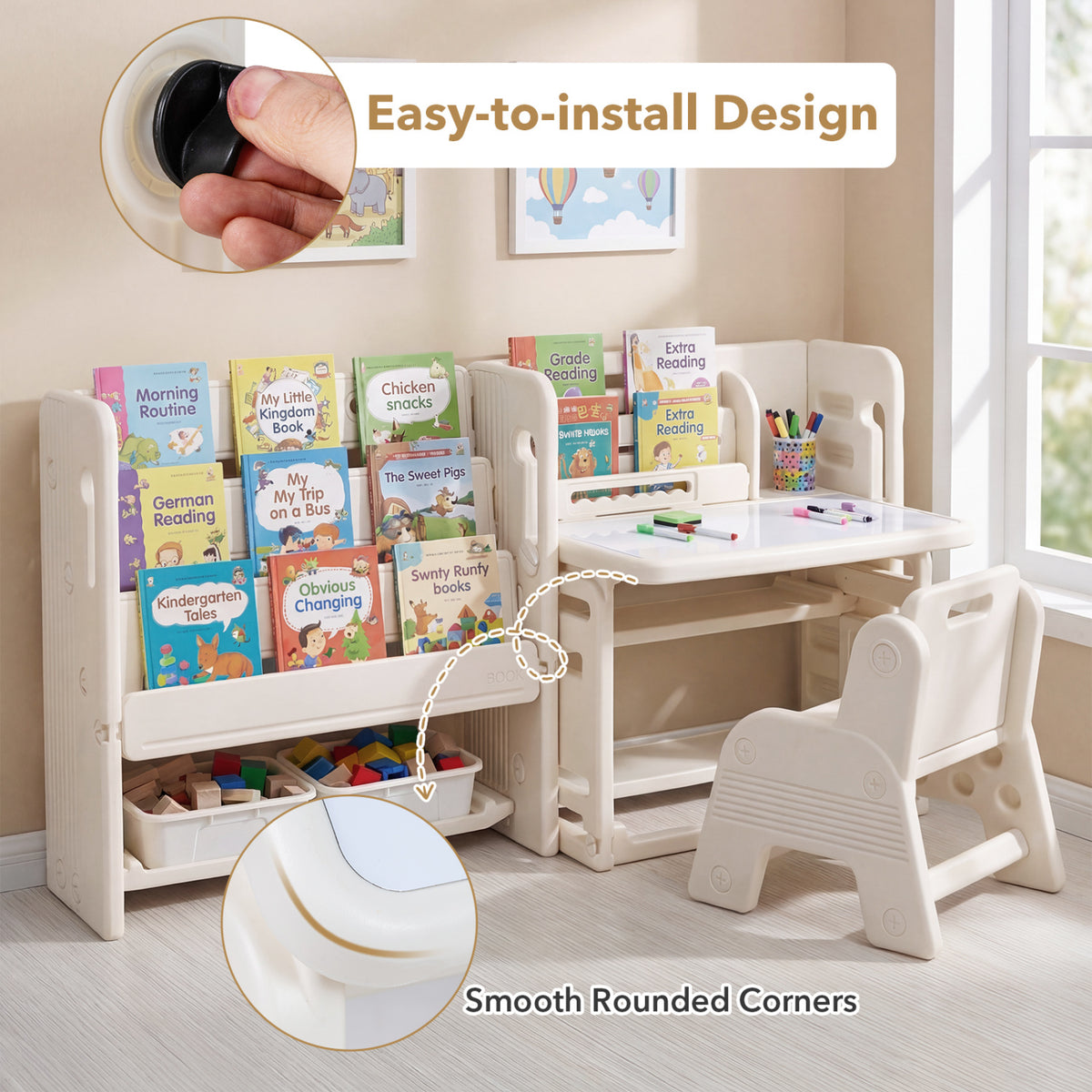 Kids Writing Desk and Chair Set with Side Bookshelves-White