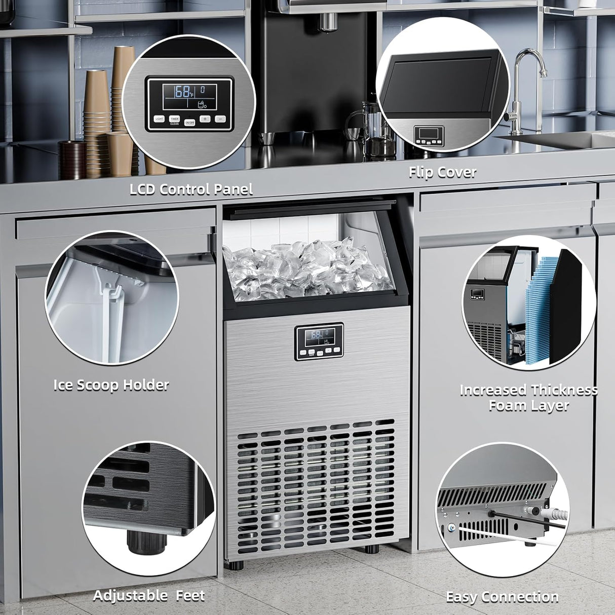 Commercial Ice Maker Machine,100lbs/24H Moon-Shaped Ice Machine with 28 Lbs Storage Capacity