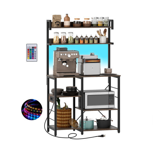 Kitchen Bakers Rack with Power Outlet 5-Tier Microwave Oven Stand with LED Lights-Rustic Brown