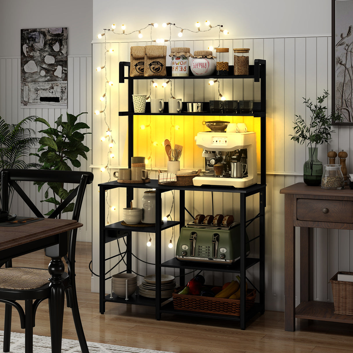 Kitchen Bakers Rack with Power Outlet 5-Tier Microwave Oven Stand with LED Lights-Black