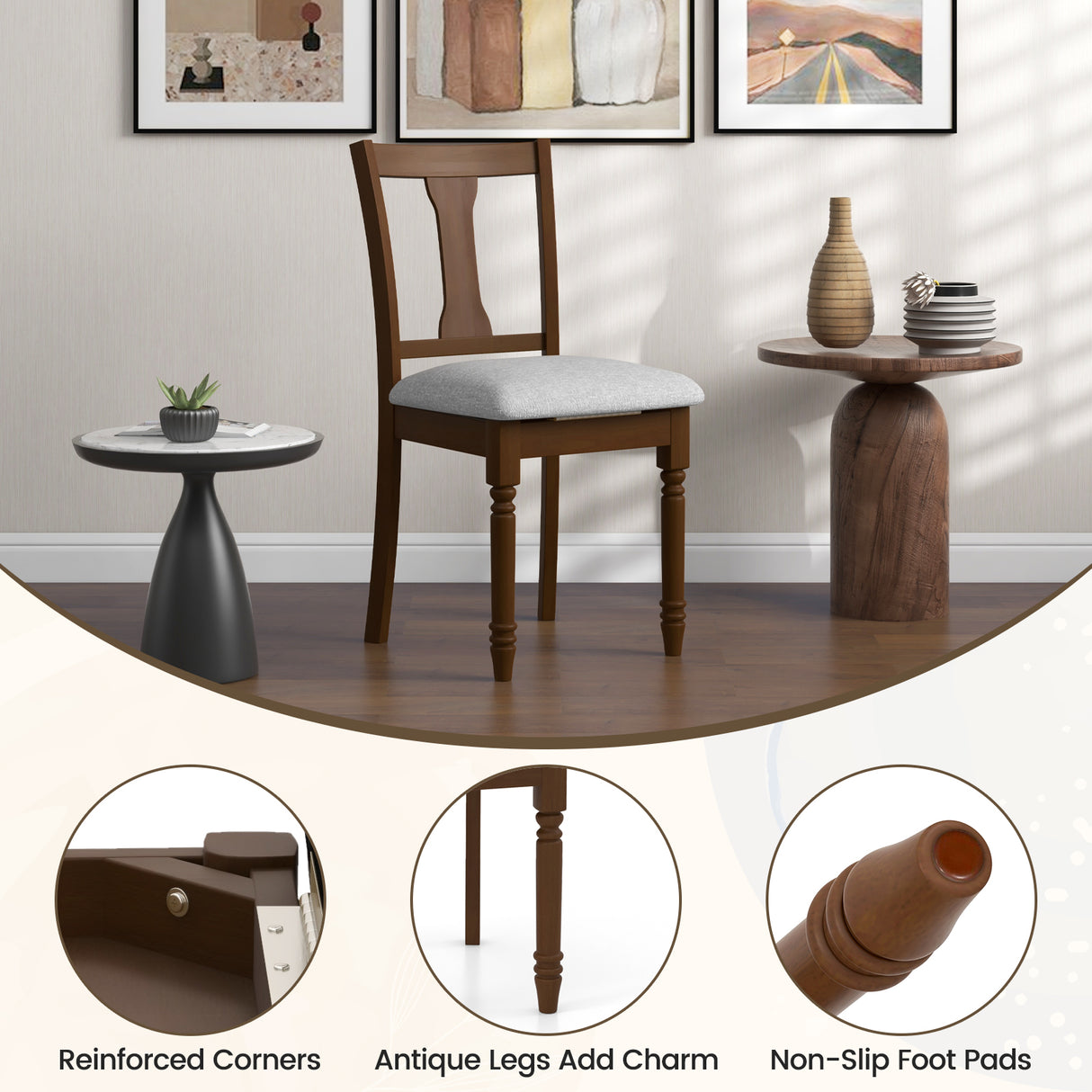Set of 2 Kitchen Dining Chair with Linen Fabric and Storage Space-Brown