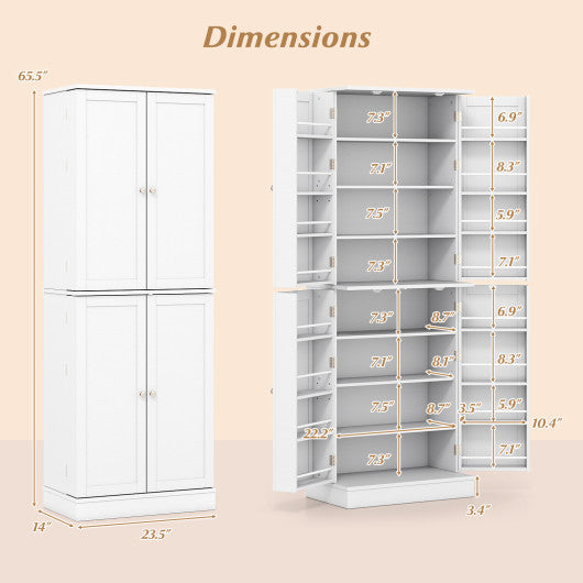 Kitchen Pantry Cabinet 65.5 Inch Freestanding Tall Buffet Cupboard-White