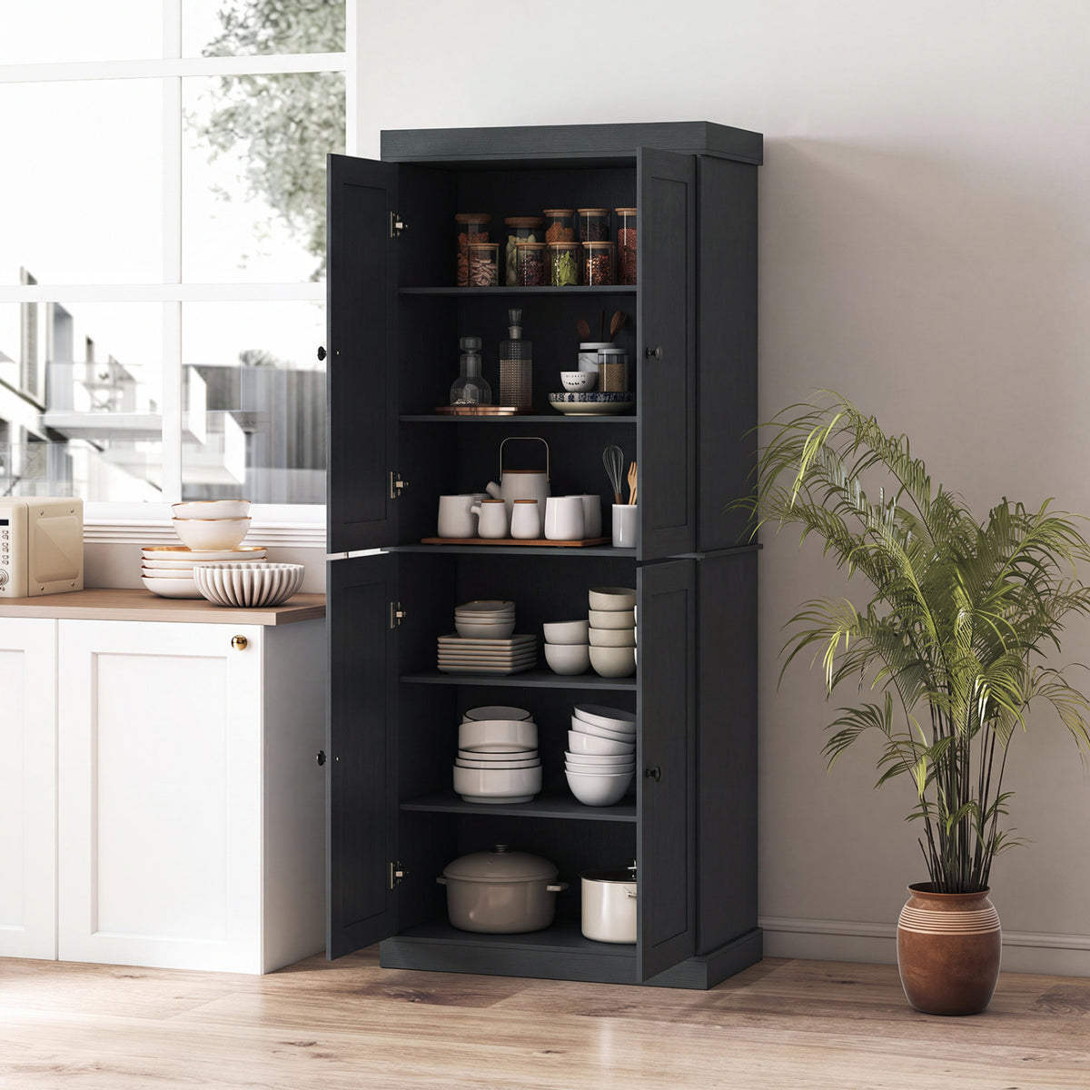 Kitchen Pantry Cabinet with 2 Adjustable Shelves and Anti-Tipping Kits for Living Room-Black