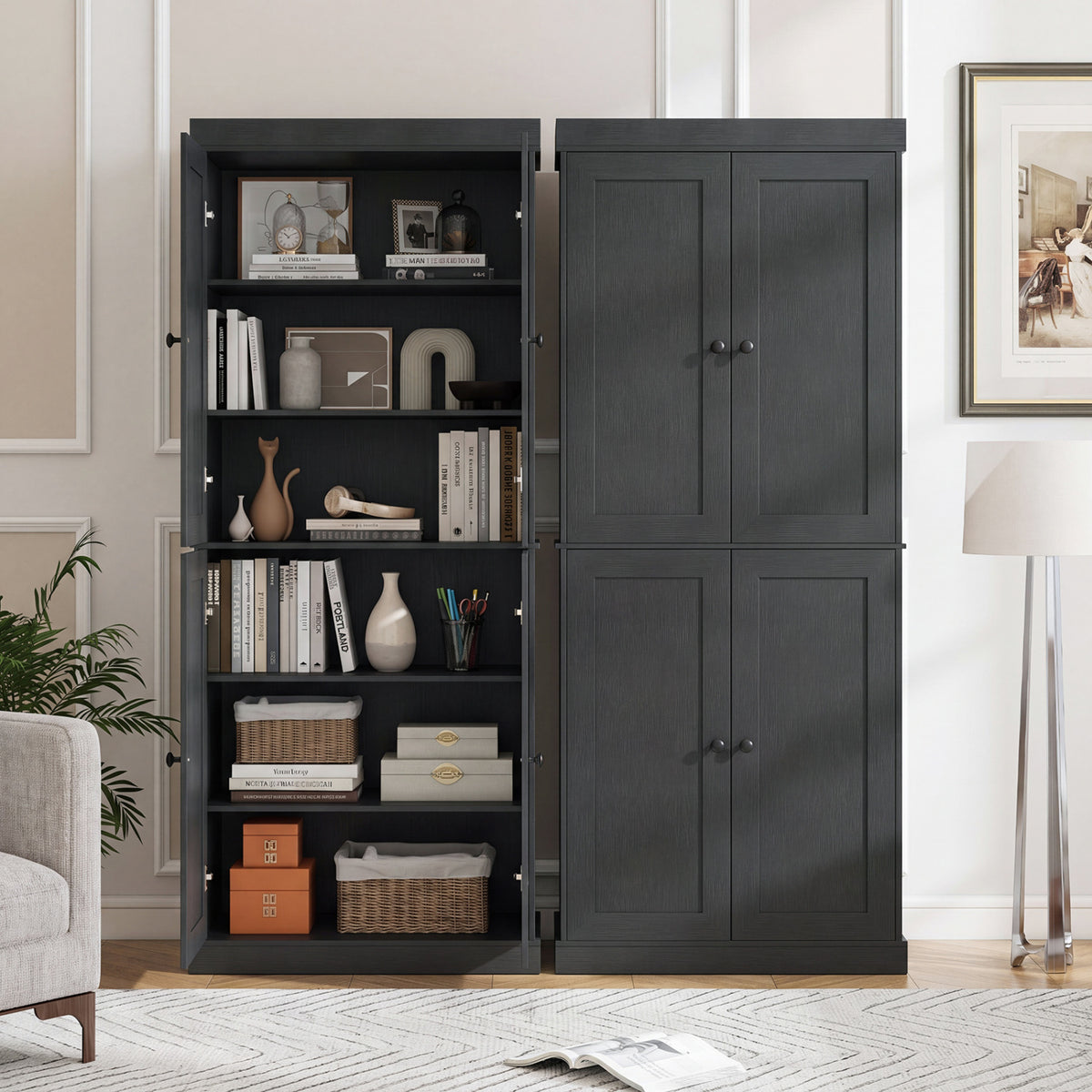 Kitchen Pantry Cabinet with 2 Adjustable Shelves and Anti-Tipping Kits for Living Room-Black