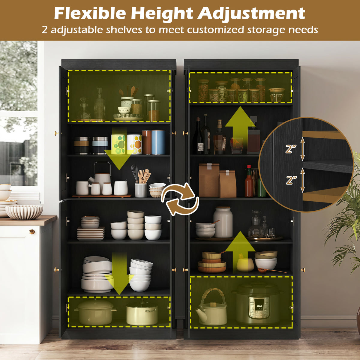 Kitchen Pantry Cabinet with 2 Adjustable Shelves and Anti-Tipping Kits for Living Room-Black