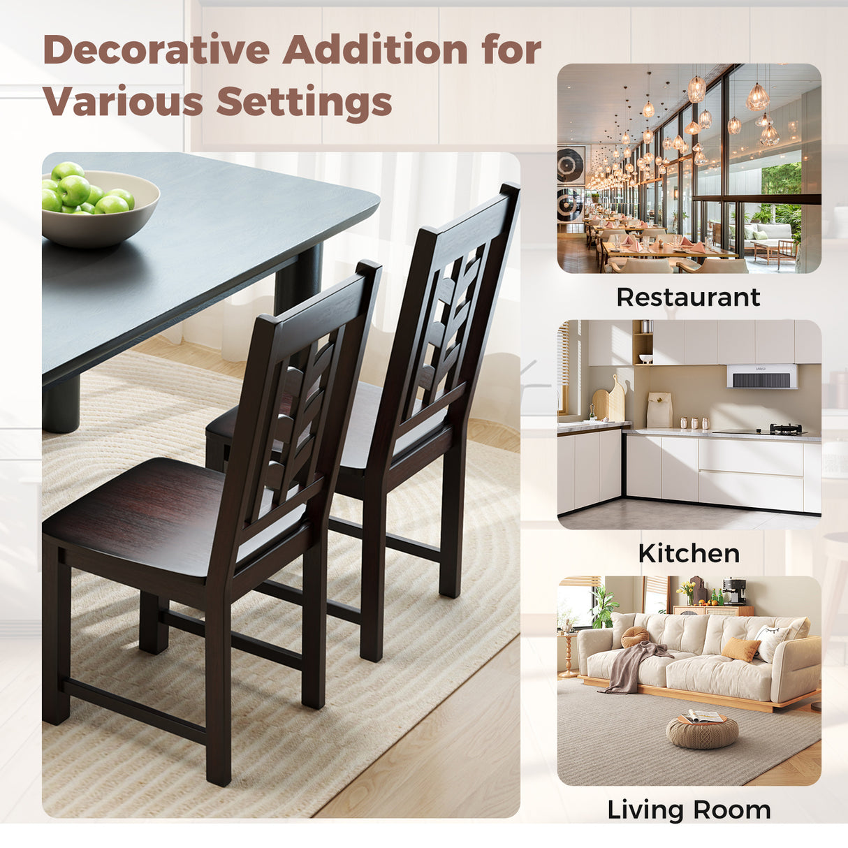 Kitchen Side Dining Chair Set of 2 with Rubber Wood Frame-Rustic Brown