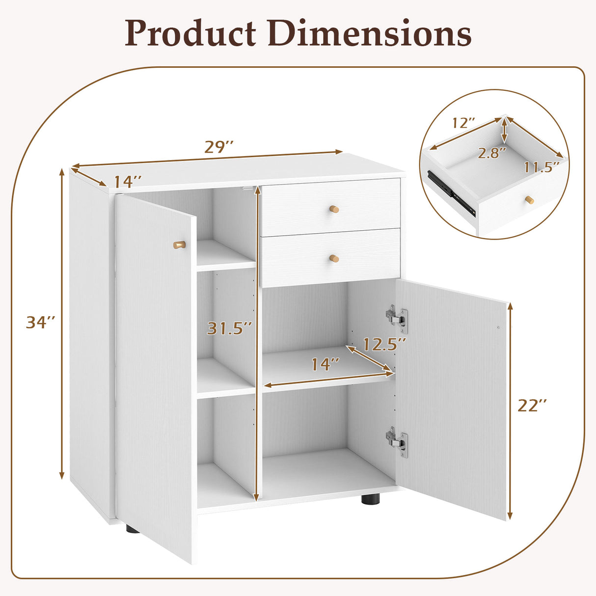 Kitchen Sideboard Buffet Cabinet Coffee Bar Cabinet with 2 Drawers 2 Doors and 3 Adjustable Shelves-White