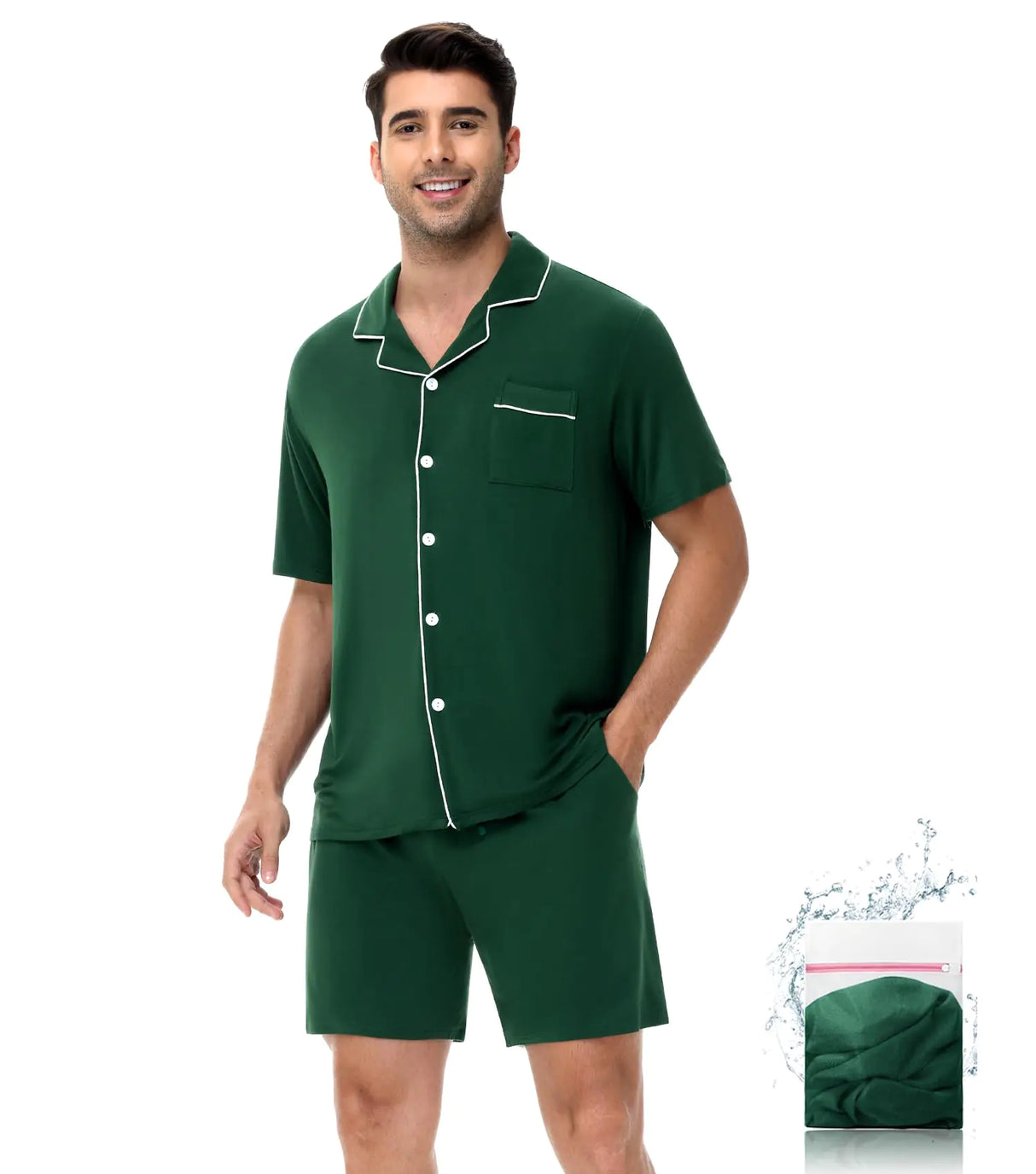 YOPUGEE Mens Pajama Set Short Sleeve 2PCS Sleepwear Button Down Loungewear Set Soft Modal Pj Set with PocketsGreen-XL