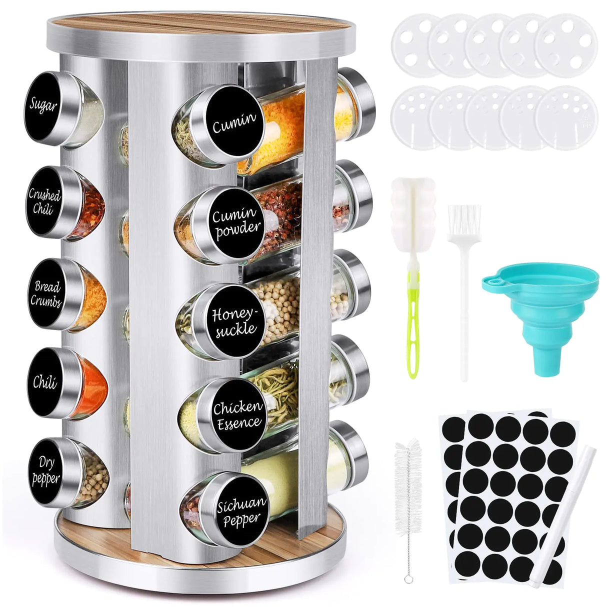 Spice Rack Organizer with Jars for Cabinet (20Pcs) Revolving/Rotating Seasoning Organizer Stainless Steel/Wooden Countertop Rack Tower Organizer for Kitchen Pantry with Reusable Labels/Funnel/Brushes