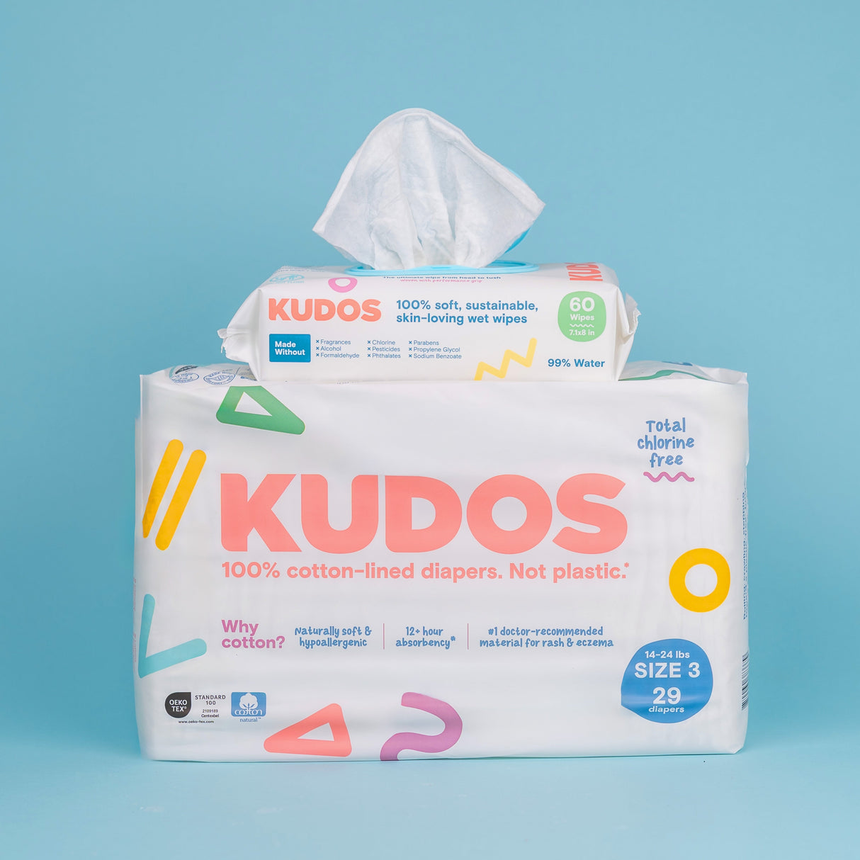 Diaper Box & Wipes Bundle | 100% Cotton Liner, TCF Diapers Size 1-6 | Kudos