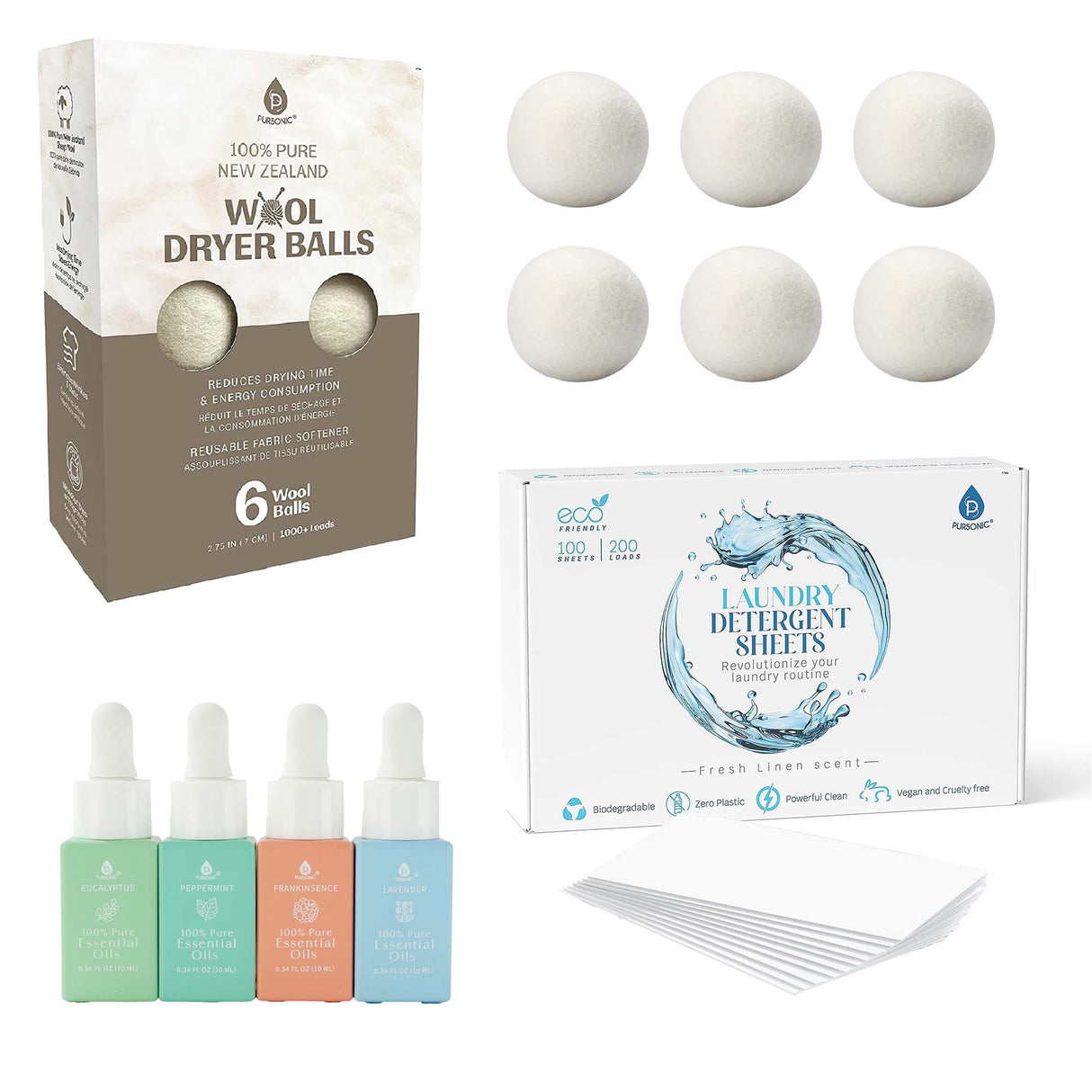 Eco-Friendly Laundry & Wellness Bundle – Detergent Sheets, Wool Dryer Balls, and Essential Oils by Pursonic