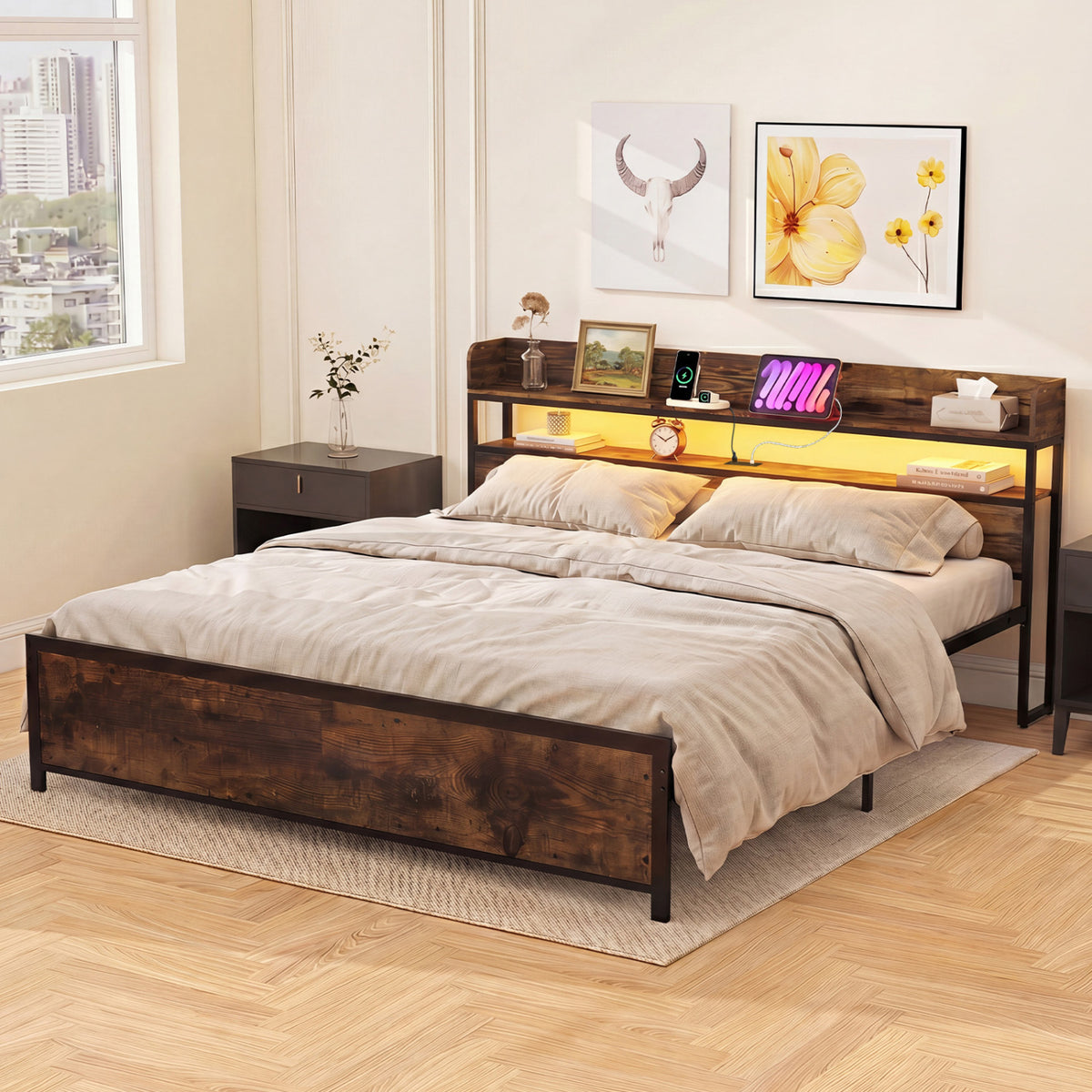 LED Bed Frame with Power Outlets and Storage Headboard-King Size