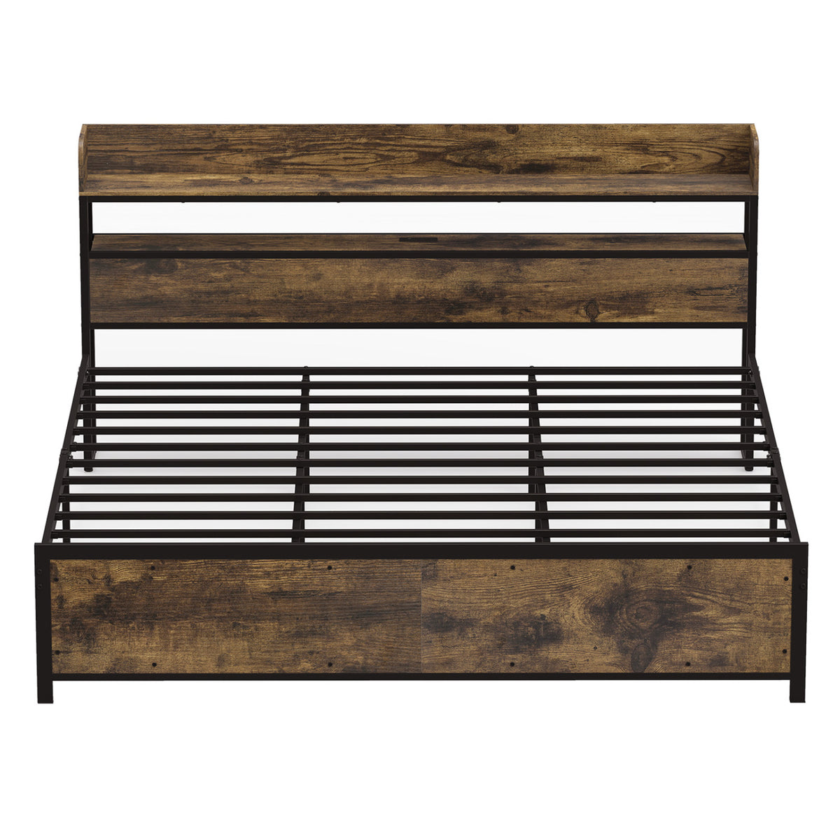 LED Bed Frame with Power Outlets and Storage Headboard-King Size