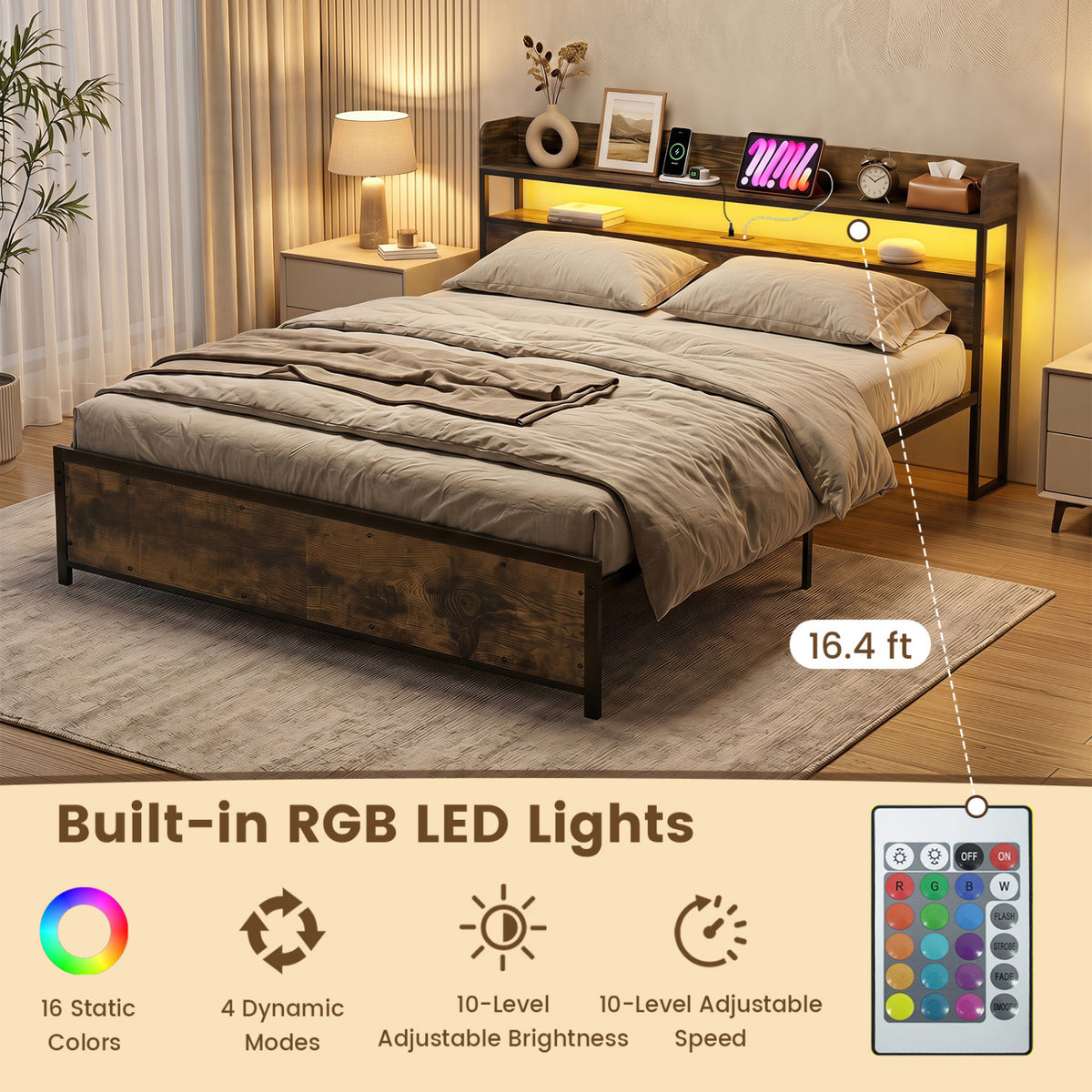 LED Bed Frame with Power Outlets and Storage Headboard-King Size
