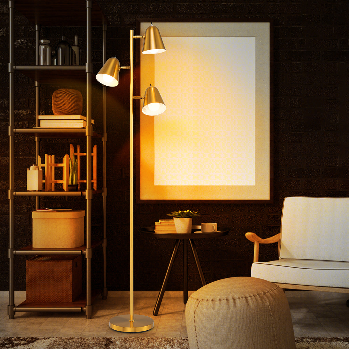 64 Inch 3-Light LED Floor Lamp Reading Light for Living Room Bedroom-Golden