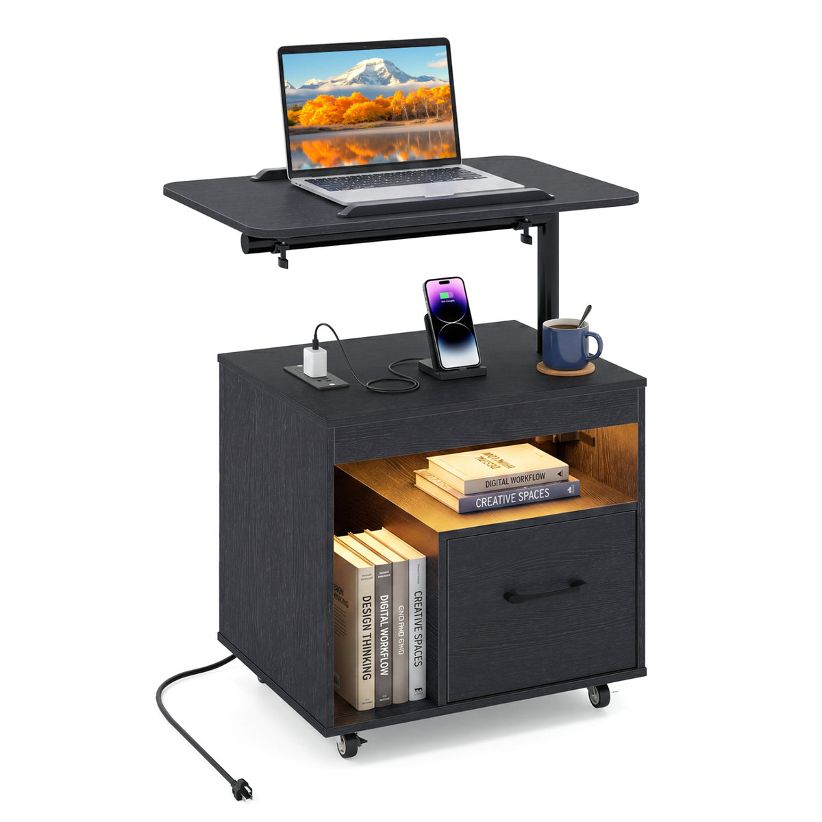 LED Nightstand with Power Outlets Modern Bedside Table with Flip over-Black