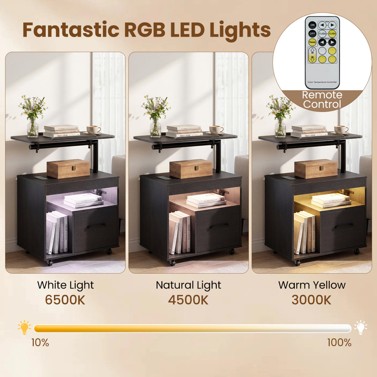 LED Nightstand with Power Outlets Modern Bedside Table with Flip over-Black