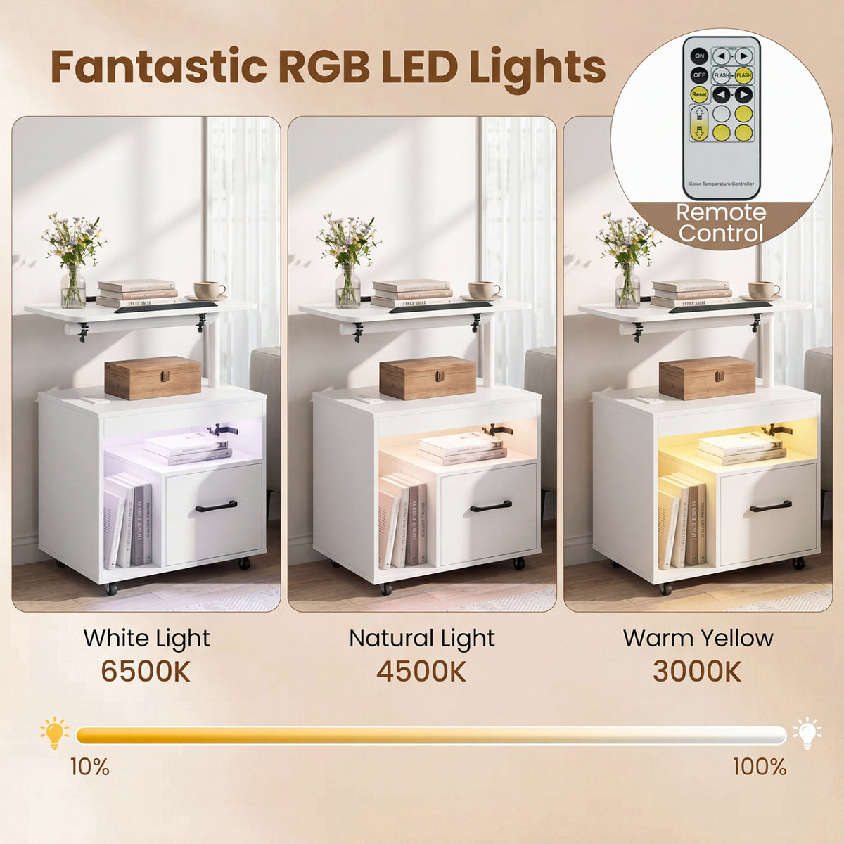 LED Nightstand with Power Outlets Modern Bedside Table with Flip over-White