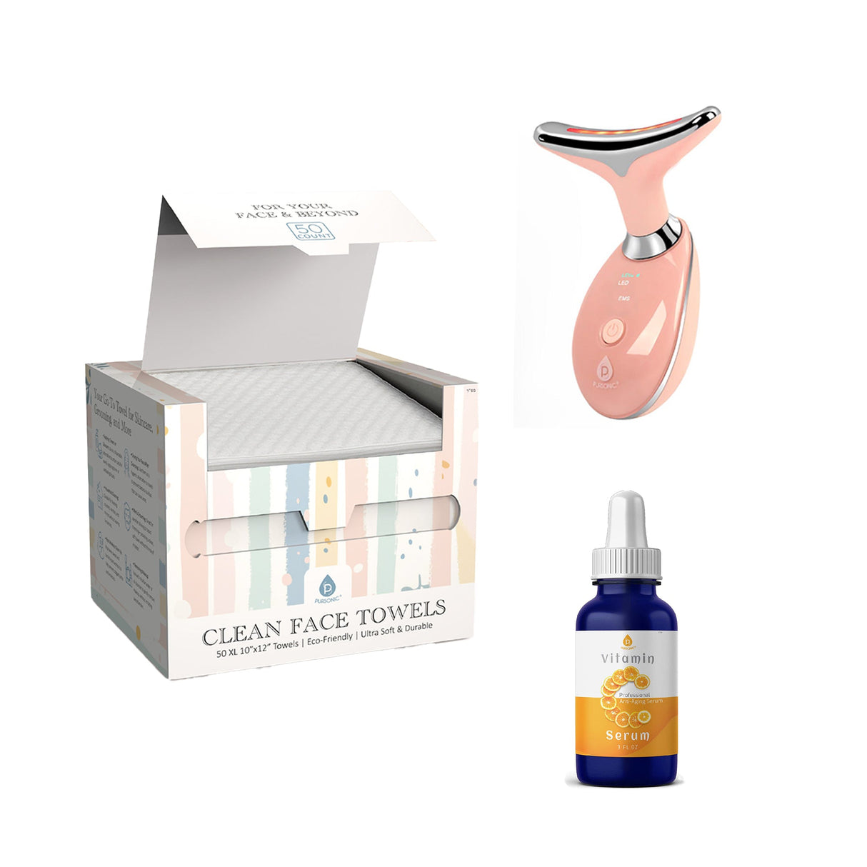 Pursonic Radiant Skin Essentials Bundle: 7-in-1 LED Light Therapy Device, Clean Facial Towels & Vitamin C Serum by Pursonic