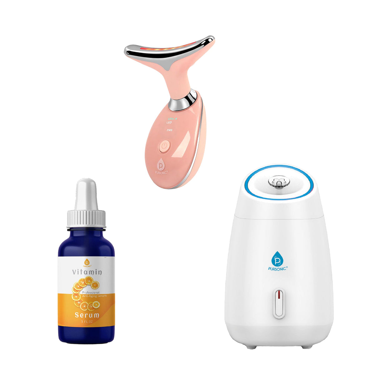 Glow & Renew Skincare Bundle: Facial Steamer, 7-in-1 LED Light Therapy Device & Vitamin C 20% Serum by Pursonic