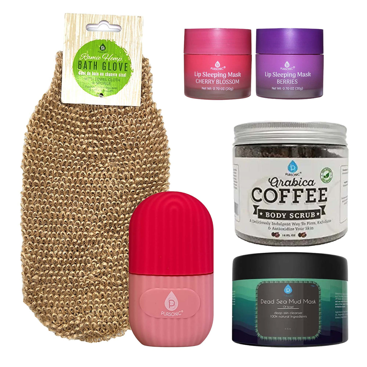 Self Care Night Bundle: Lip Masks, Dead Sea Mud Mask, Ice Roller, Bath Glove & Coffee Scrub by Pursonic