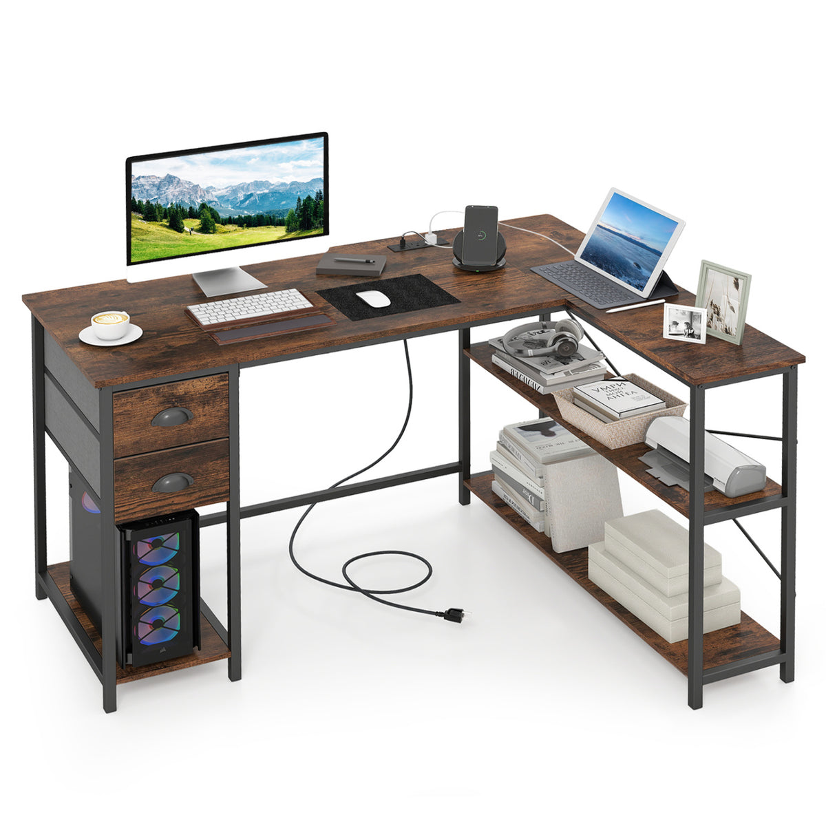 L Shaped Desk with Charging Station Corner Computer Desk with 2 Fabric Drawers-Rustic Brown