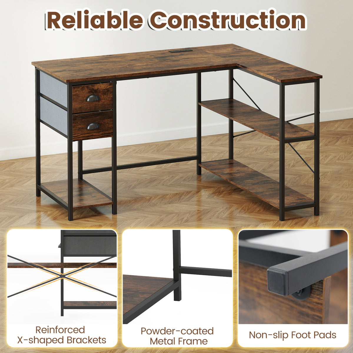 L Shaped Desk with Charging Station Corner Computer Desk with 2 Fabric Drawers-Rustic Brown