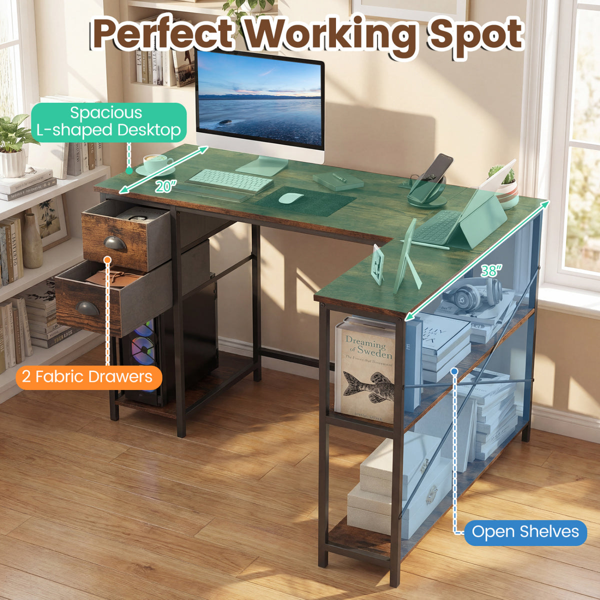 L Shaped Desk with Charging Station Corner Computer Desk with 2 Fabric Drawers-Rustic Brown
