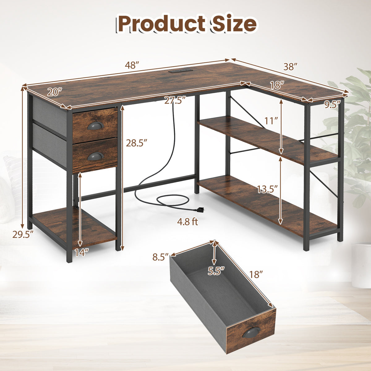 L Shaped Desk with Charging Station Corner Computer Desk with 2 Fabric Drawers-Rustic Brown