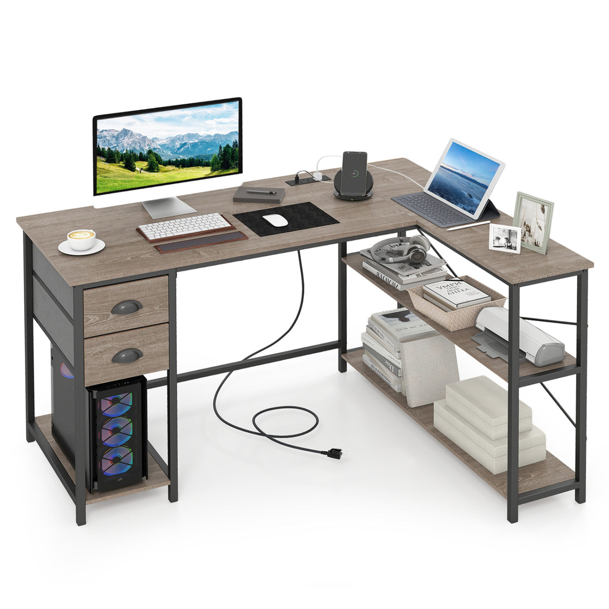L Shaped Desk with Charging Station Corner Computer Desk with 2 Fabric Drawers-Oak