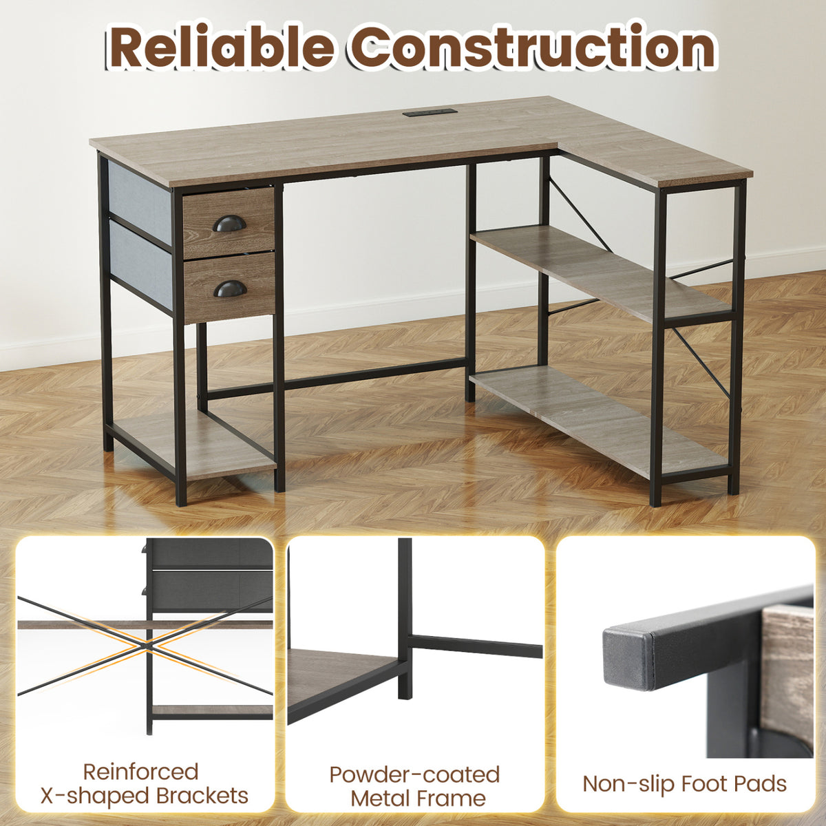 L Shaped Desk with Charging Station Corner Computer Desk with 2 Fabric Drawers-Oak