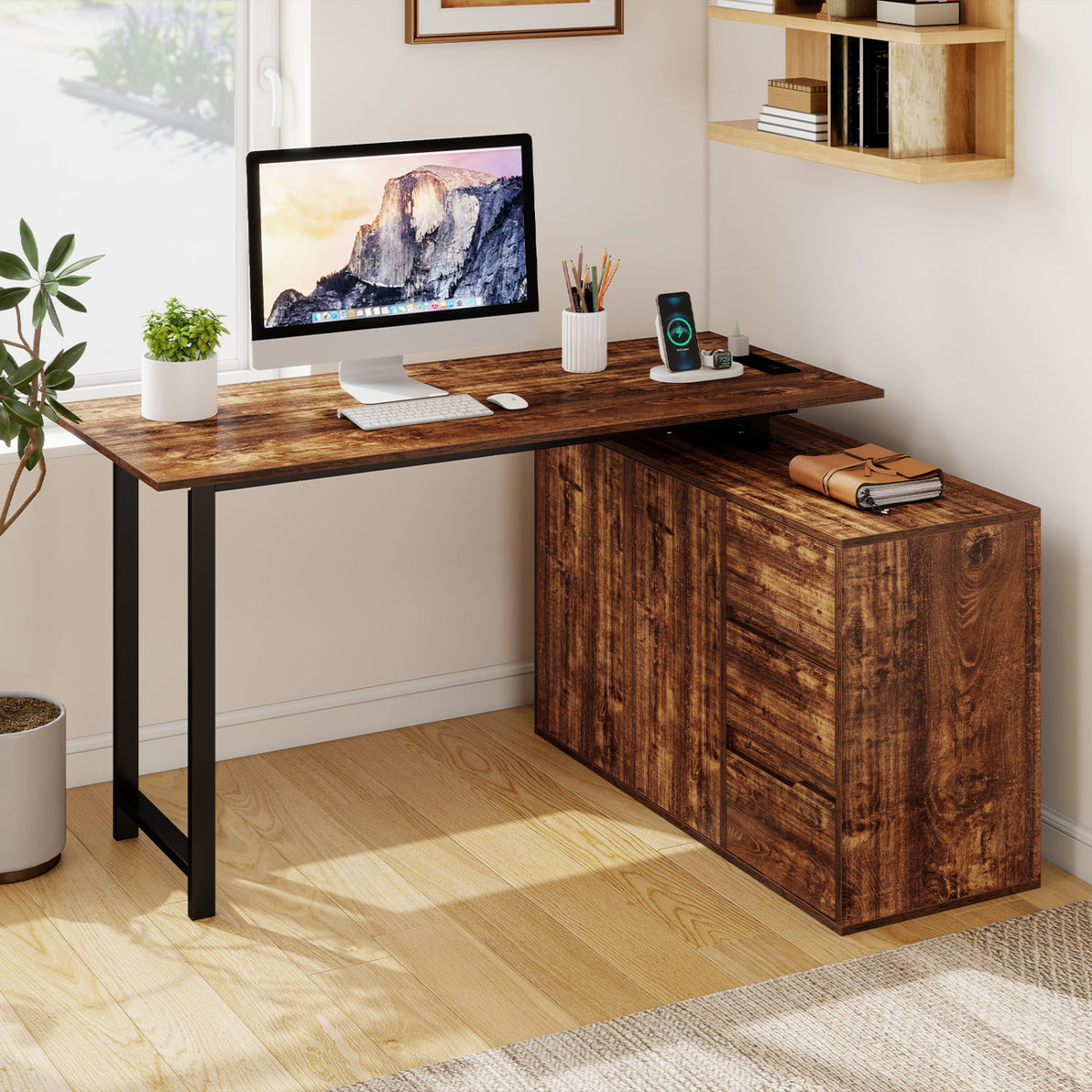 L-Shaped Desk with File Cabinet and Power Outlet Reversible Corner Computer Desk-Rustic Brown