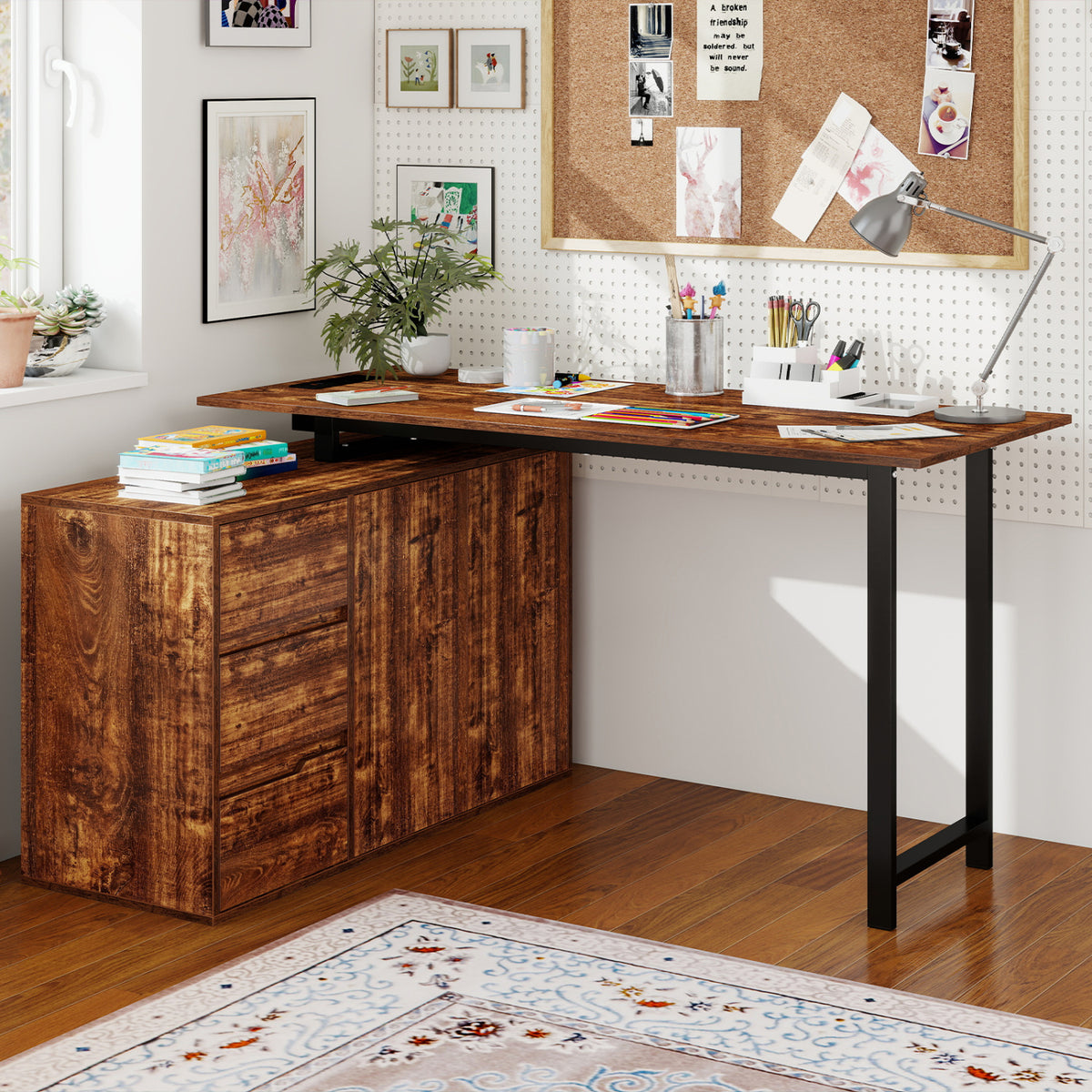 L-Shaped Desk with File Cabinet and Power Outlet Reversible Corner Computer Desk-Rustic Brown