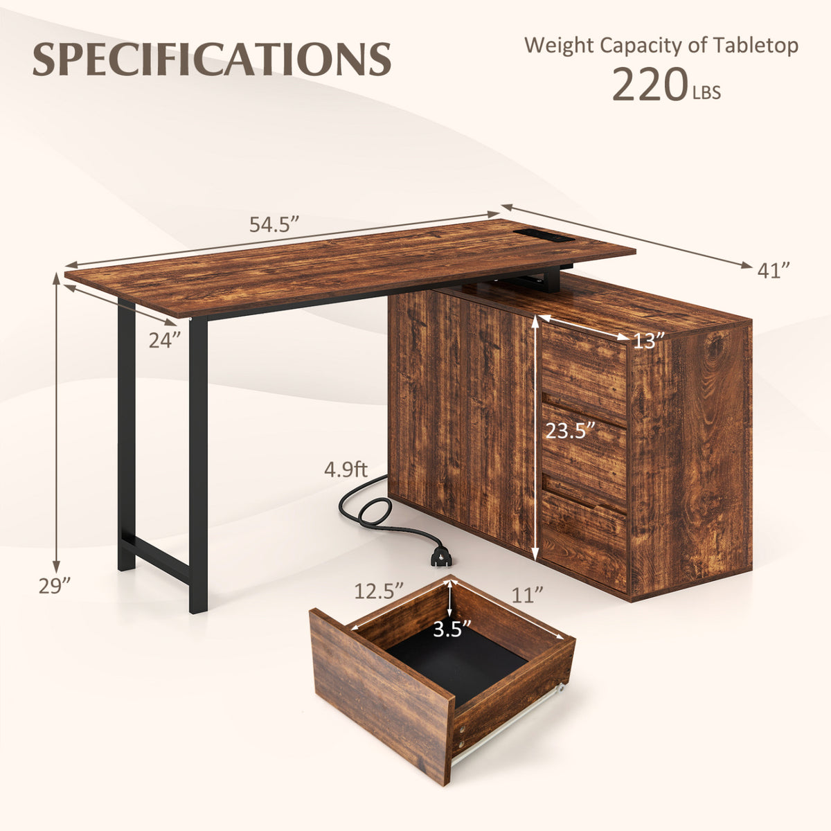 L-Shaped Desk with File Cabinet and Power Outlet Reversible Corner Computer Desk-Rustic Brown