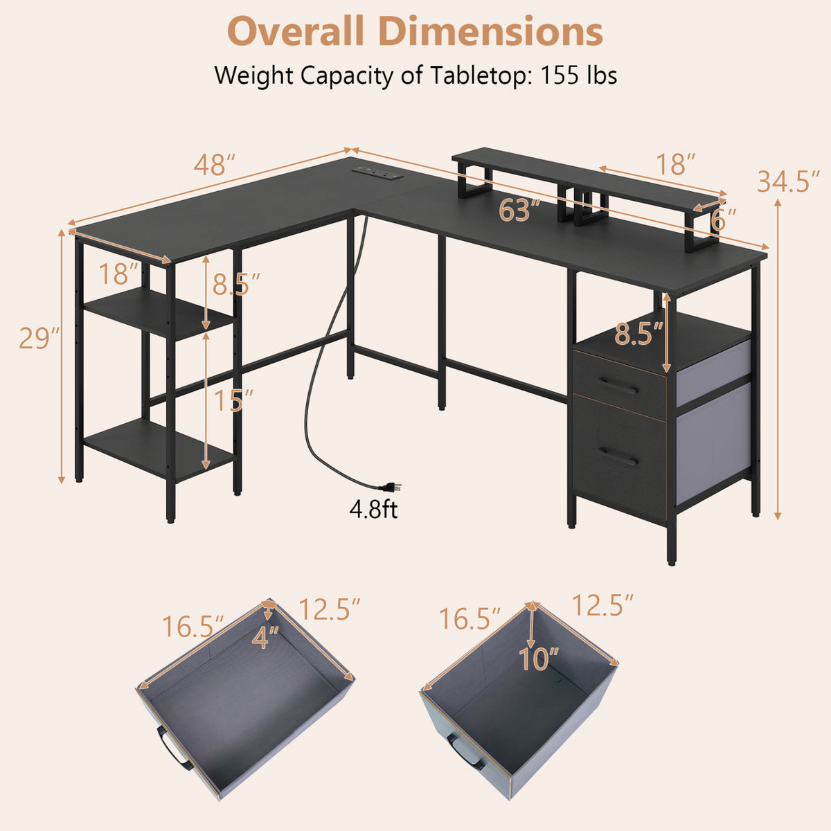 L Shaped Desk with Power Outlet Reversible Computer Desk with Monitor Stands-Black