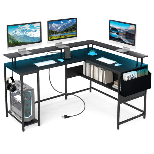 L-Shaped Gaming Desk with LED Lights and Power Outlets Home Office Computer Desk-Black